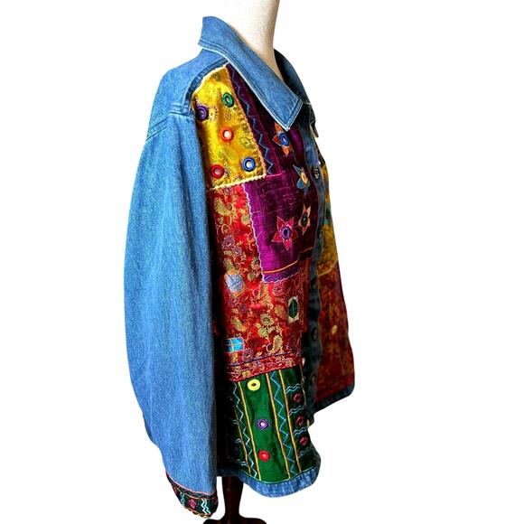Vintage Cotton Blue Denim 100% Silk Patchwork Jacket 1X Funky Artsy Teacher 80's - Picture 4 of 8